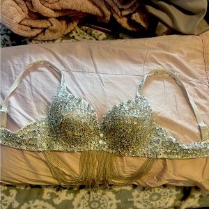 Silver Bedazzled Push-Up Bra with Gold Chains